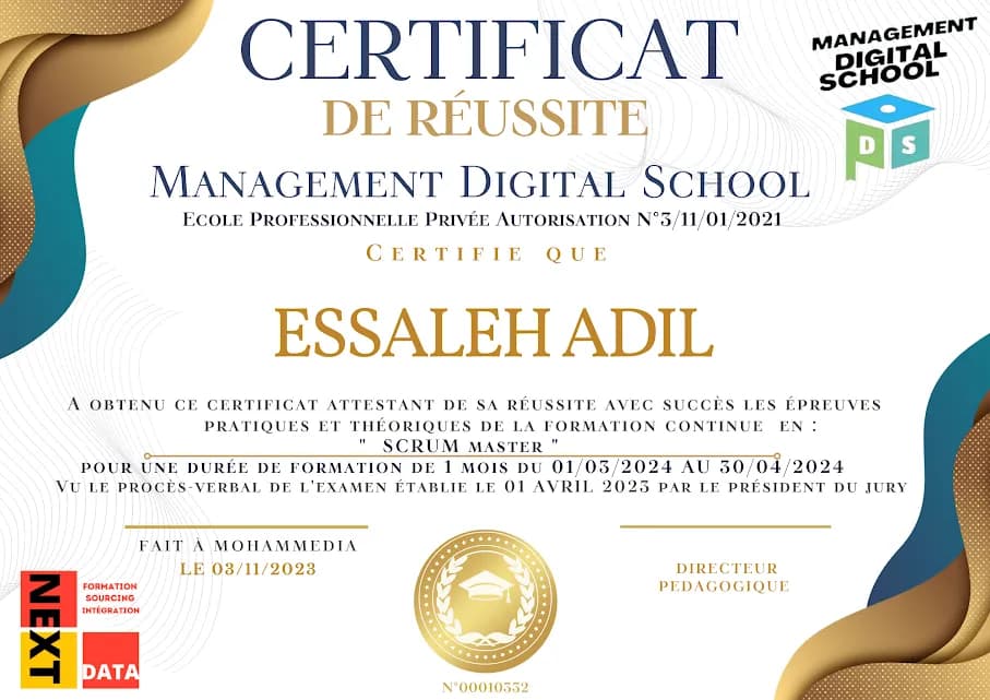 Certificat de Réussite — Management Digital School & NextData